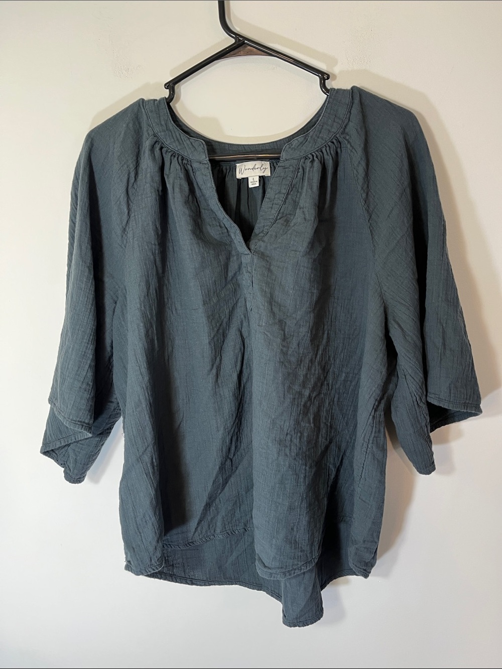Wonderly split-neck cotton gauze peasant blouse large